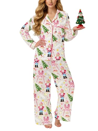 SOOKABEILA Women Silk Satin Christmas Pajamas Set Santa Bow Long Sleeve Button Down Shirt Wide Leg Pants Cute 2 Piece Set (B Cremy White XL)