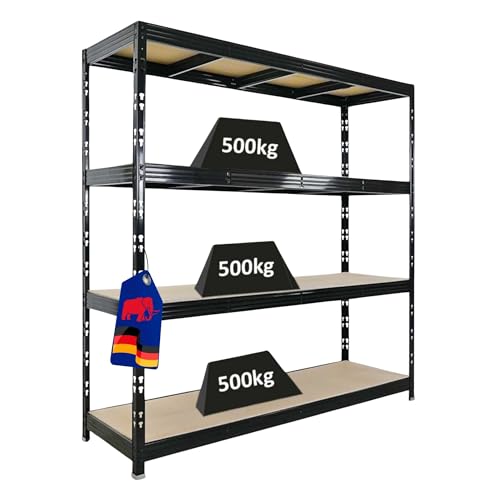 PROREGAL Étagère Professionnelle Robuste Rhino | HxLxP 200x200x60 cm | 4 Niveaux en aggloméré de 8 mm | Charge maximale 500 kg | Noir | Étagère de Garage, étagère de Rangement