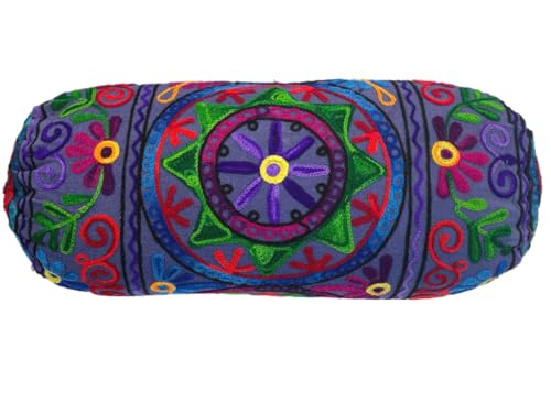 Original Kikan Nackenrolle, Baumwolle, Boho-Kissenbezug, rund, zylinderförmig, für Yoga, Meditation, bestickt, für Rücken, Nacken, 46 x 18 cm, Marineblau