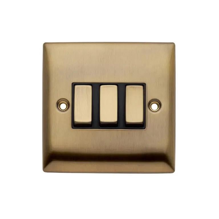 Britelite Triple Light Switch, 3 Gang 2 Way, Antique Brass — image 1