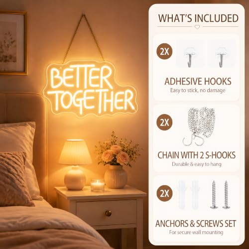Image of Better Together Neon Sign, Romantic LED Wall Light for Wedding Decor, USB Powered Dimmable Neon Light for Bedroom Living Room Couple Party, Couple Gift Idea, 13.8 x 8.1 in