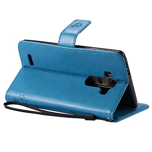 Lg G4 Case, Leecoco Embossed Floral 3D Handmade Bling Crystal Diamonds Butterfly With Card Slots Magnetic Flip Stand Pu Leather Wallet Case For Lg G4 Wishing Tree Blue #TOP3