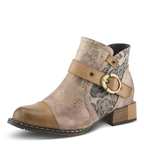 Spring Step L'Artiste Women’s Hand-Painted Leather Ankle Boots — Bold Buckle Strap with Side Zipper Closure — Cushioned Faux Fur Insole, 2