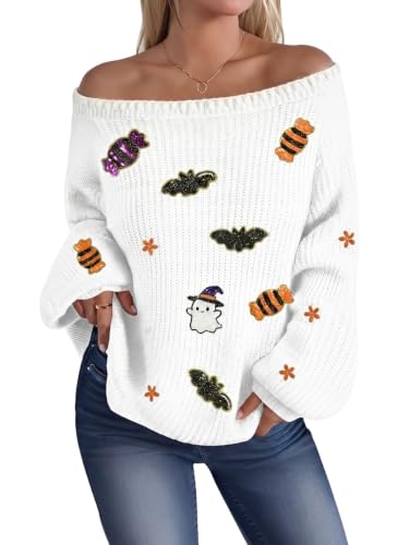 Image of MARZXIN Women's Striped Off the Shoulder Sweaters Cute Oversized Fall Tops