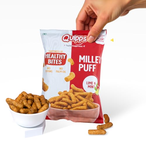 Image of Quipps Millet Puff Lime & Mint | Healthy Millet Snack | Non-Fried Roasted Puffs | High Fiber & Plant Protein | Gluten Free, Vegan, Non-GMO | No Preservatives, No Palm Oil | Light & Crunchy Healthy Snack for Office & Travel | Vegetarian | 60g