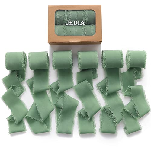 JEDIA ST. Patrick's Day Ribbon, 6 Rolls Sage Green Chiffon Silk Ribbons, 1.5" x 7Yd Chiffon Ribbon for Gift Wrapping, Wedding Invitations, Bouquet Wrap, Flower Bouquet, Bridal Bouquets, DIY Crafts