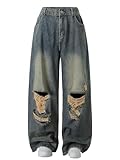 Vaimti Plus Size Wide Leg Distressed Jeans,Relaxed Fit, Ripped Design, Casual Style (US, Alpha, 2X, Plus, Regular, Dark Blue)