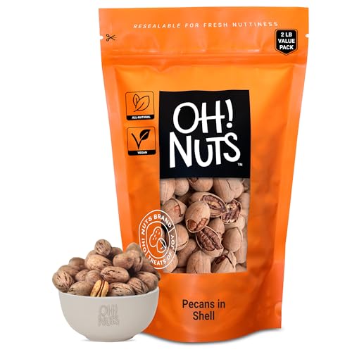 Oh! Nuts Pecans in Shell - Raw - 100% Natural - 2 lb - High-Protein Pecans - Packed in New York Zip-Seal Bag for Exceptional Freshness