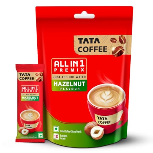Tata Coffee All in 1 Premix, Hazelnut Flavour, Instant Coffee-Chicory Premix, Rich Aroma, Instant Coffee Sachets, Just Add Hot Water, 160g (10 Sachets x 16g)