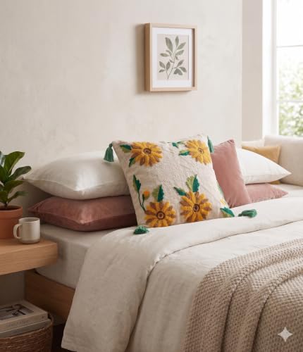 Image of Furnistitchs Handmade Cotton Bohemian Home Decor Cushion Cover 24x24 inches / 60x60 cms - Boho Chic Couch Sofa Throw Living Room Bedroom Cushions (1, Yellow Floral Buds)