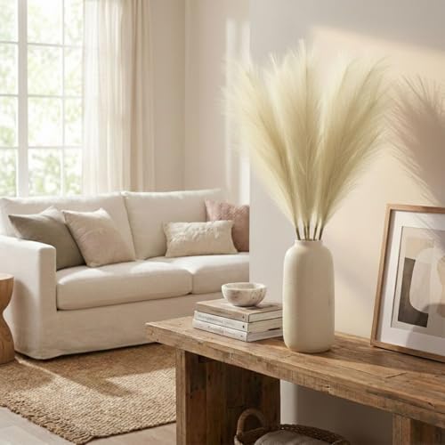 Image of Pack of 4 Pcs Artificial Flowers Faux Pampas Grass Small Fake Flower Plant for Home Decor, Office, Bedroom, Living Room, Table Decoration, Dried Plants (Without Vase Pot) (Off White)