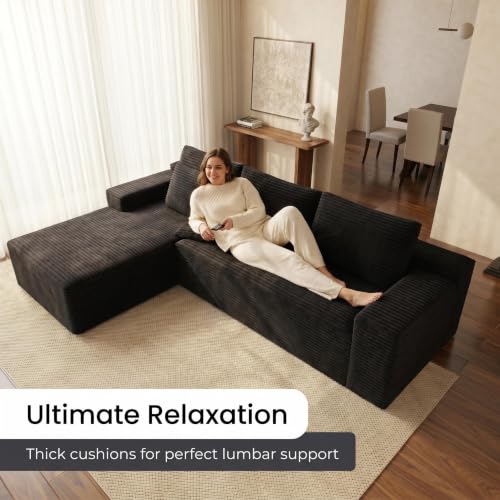 Image of Corduroy Boneless Couch for Living Room, 96 inch Cloud Sectional Couch with L-Shape Chaise, Modern Modular Sofa, Deep Seat Comfort, No Assembly Required
