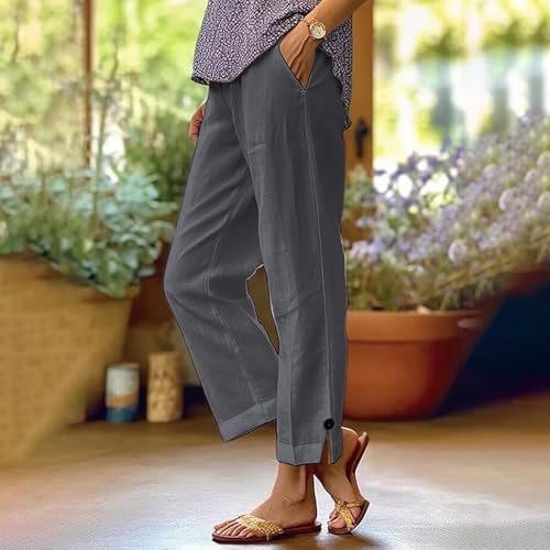 Women Linen Cotton Pants Straight Leg Solid Color Elastic Waist Pants Casual Wide Leg Summer Trousers Fitted Loose Q-9542