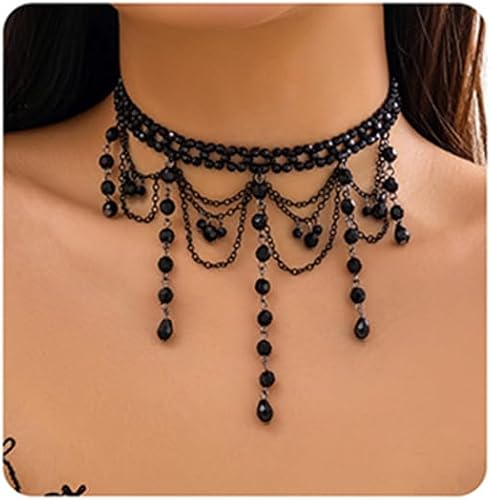 Chargances Collar con colgante largo de cuentas de cristal vintage de los años 90, gargantilla de encaje negro victoriano con dije de cadena en
