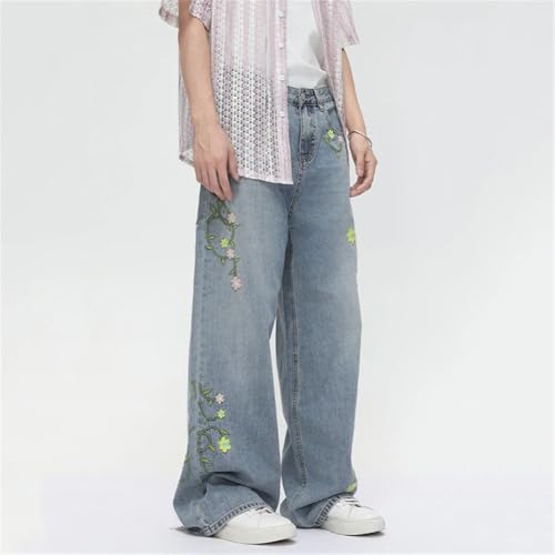Men's Jeans Korean Style Flower Embroidery Contrast Color Loose Personalized Straight Denim Pants4