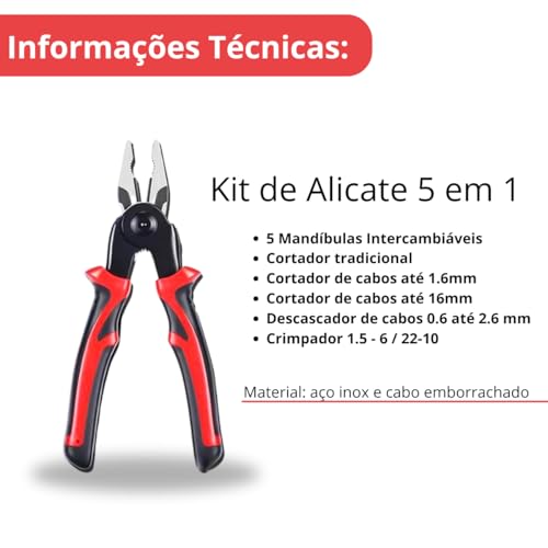 Alicate Universal 5 em 1 Cortador Cortador Crimpador Descascador Aço inox Cabo Emborrachado