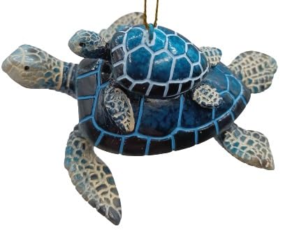 Polystone Blue Sea Turtle with Baby Hanging Christmas Tree Ornament