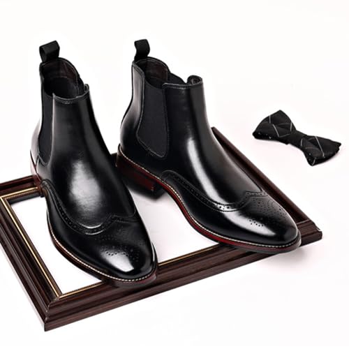 Image of Men's Leather Wingtip Carving Dress Oxford Boots Fashion British Style Pointed Toe Elastic Band Slip On Chelsea Boots Casual Business Formal Ankle Boots