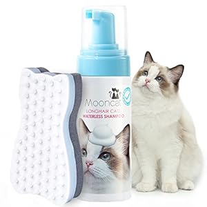 Mooncat Waterless Shampoo & Brush Kit for Longhair Cats | Complete Grooming System for Detangling, Deshedding & Matted Fur | Licking Safe No-Rinse Foam with Gentle Silicone Massager – Made in Taiwan