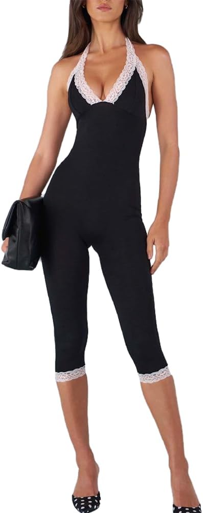 Women’s Sexy Jumpsuit Backless Halter Lace V Neck Top Bodycon Capri Pants Y2K Date Night Rompers Going Out Clubwear