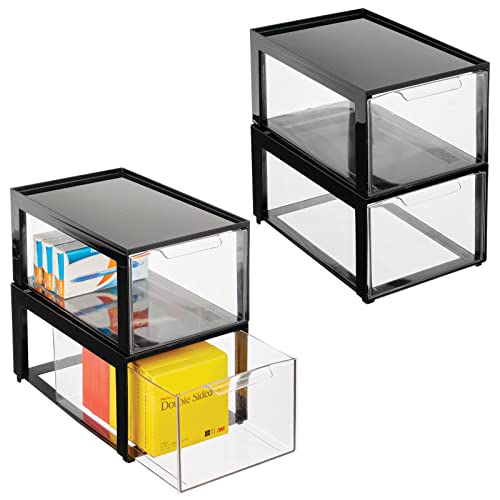 mDesign Plastic Desk Organizer and Storage Bin w/Pull Out Drawer - Stackable Office Storage Container for Office Supplies - Desktop Drawer Organizer - Lumiere Collection - 4 Pack - Black/Clear -  MetroDecor, 20863MDO