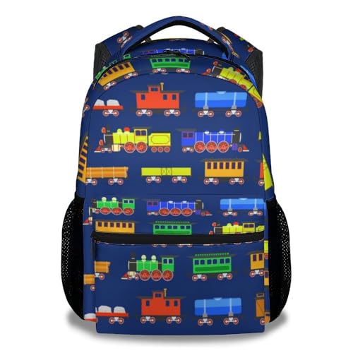 PoshWrap Mochila escolar de trem para meninas, meninos - Mochilas fofas azuis de 40,6 cm para crianças, mochila de desenho animado durável para escola, Trem 1, One Size, Mochilas Daypack