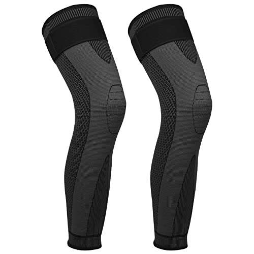 Genouillère Sport Longues pour Hommes Femmes Attelle Genou à Sangles Réglables Antidérapantes 2 Pièces Genouillère Compression pour Déchirure du Ménisque, Arthrite, Mouvement, La course (noir, XXL)