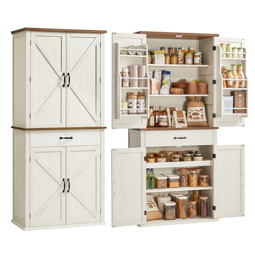 VASAGLE LIRY Collection - Pantry Cabinet, 70.3-Inch Tall Farmhouse Kitchen Storage Cabinet with Barn Doors, Drawer, Tray, Adjustable Shelves, for Kitchen, Dining Room, Rustic White UBBK364W0