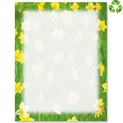 PaperDirect Spring Daffodils Recycled Border Paper, Yellow Floral Field with Faded Center, 8.5 x 11, Acid-Free, Eco-Friendly Stationery for Invitations, Flyers, Cards, 25 Sheets
