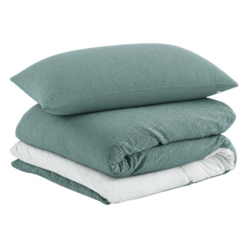 Image of EMME Cotton Muslin Duvet Cover Set Queen Size Linen Like Soft Breathable Lightweight Summer Comforter Cover Set with Zipper Closure (Teal&White, Queen, 90 inchx90 inch)