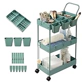 danpinera Storage Cart on Wheels, 3 Tier Bathroom Cart Organizer Slim Laundry Narrow Shelf with Wheels Dividers Hanging Cups Hooks Handle Easy Assembly, Green