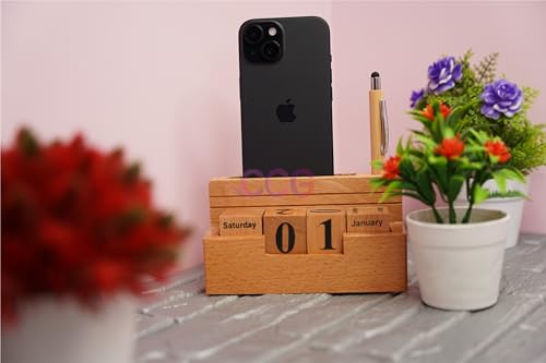 Image of CRAFT CLOSET & GIFTS Wooden Stylish Rolling Table Calendar Design Single Pen /Pencil Holder + Mobile Stand - Personalized Office Desk Supplies Accessory - Wood Life Time Perpetual Infinite Calendar