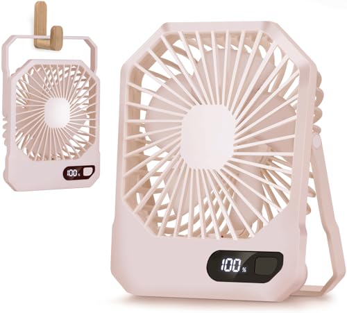 Furnsii Ventilador de Mesa e Colgante 2 en 1, Pequeño Ventilador Sobremesa Silencioso con Soporte 180° e Display LED, Portatil Mini Ventilador Escritorio USB-C Recargable (Rosa)