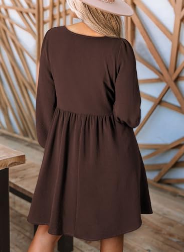 Image of Dokotoo Womens Fall Dresses 2026 Casual Smocked Crewneck Button Up Long Sleeve Empire Waist A-Line Mini Dress