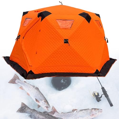 Portable Hexagon Insulated Ice Shanty House,5-8 People Warm Outdoor Ice Fishing Tent Thickened,for Winter Fishing, Camping, Hiking,Orange