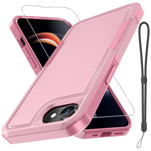 RMOCR for iPhone 16e Case & iPhone 17e Case with Screen Protector Military Grade Heavy Duty Shockproof Phone Cover with Wrist Lanyard Strap for iPhone 16e & iPhone 17e Cute Pink