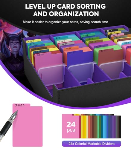 Image of MoKo Trading Card Storage Box, 3000+ MTG Deck Box with 24 Colorful Dividers & 4 Card Supporters, Commander Card Deck Case Fits for Magic Game Cards, YugiOh, TCG, PTG and Sport Cards, Black Purple