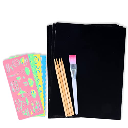 Lot de 12 stickers à gratter pour enfants - Motif arc-en-ciel magique - Papier à dessin magique - Avec 6 crayons en bois et 4 règles de pochoir Cover
