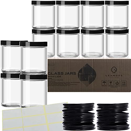 12 Pack, 8 Oz Thick Glass Jars with Airtight Lids - Plastic & Metal Lids and White Labels - Perfect for Candle Jars for Making Candles, Spice Jars, Handmade Lotion Jars, Honey Jars, Cosmetic Jars, Glass Baby Food Storage - Clear Round, Small Jars for