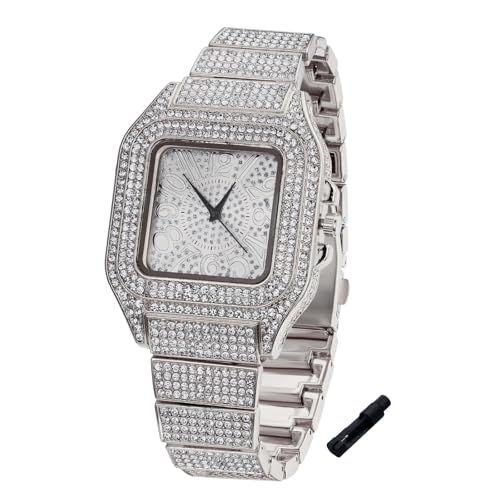Image of Halukakah Diamonds Watch Iced Out for Boy Teens Kids - 18K Real Gold /Platinum Plated,Arabic Numerals Square Dial,Japanese Quartz - 7.3 inch Length - Optional with Cuban Link Chain - for Birthday,Parties