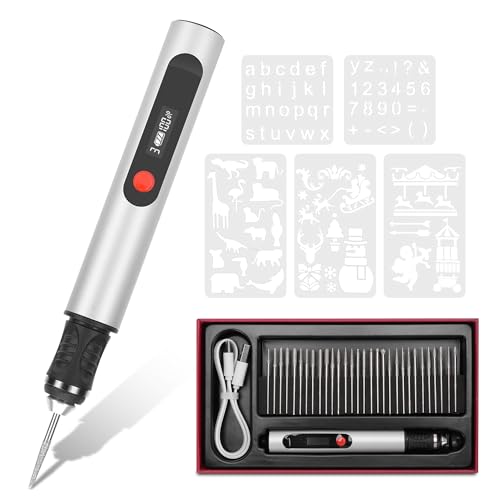 MEKOTRIN Kit de Herramientas de Grabado Eléctrico, Máquina de Grabado Inalámbrica con 5 Plantillas para Metal Madera Joyería Vidrio Cerámica DIY Tallar (SILVER)