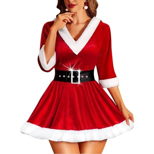 RSLOVE Christmas Lingerie for Women Sexy Santa Babydoll Chemise Mrs Claus Costume with Belt Medium Red
