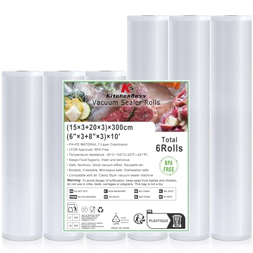 KitchenBoss Bolsas Vacio Alimentos：Rollos Envasadora al Vacio 6 Rollos 15x300cm + 20x300cm, Bolsas para Envasar al Vacio Profesional sin BPA, para Sous Vide Cocina