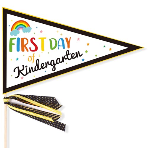 First Day of Preschool Kindergarten Flags, Kindergarten Banner with Ribbons Pennant Banner Flags First Day of One Grade Sign Kindergarten Flag Stick for First Day of School Decorations