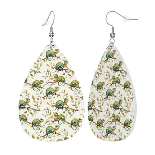 Pendientes colgantes de cuero para mujer, diseño de gota de lágrima, color verde camaleón, sin níquel, aretes colgantes grandes de joyería para disfraces