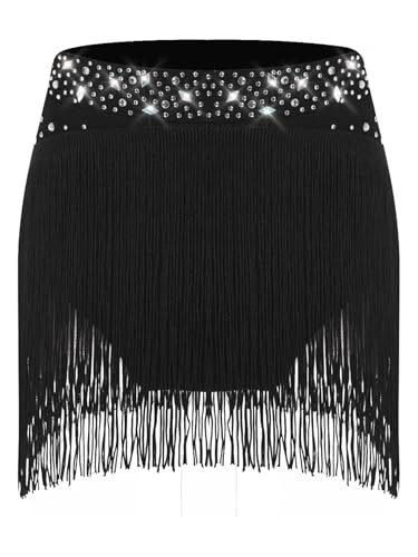 HULIJA Bambina Bambina Frange Gonna da Ballo Latino Sala da Ballo Gonna con Frange Strass Glitter Danza Moderna Standard Rock Festival Abbigliamento Danza Nero 5-6 Anni