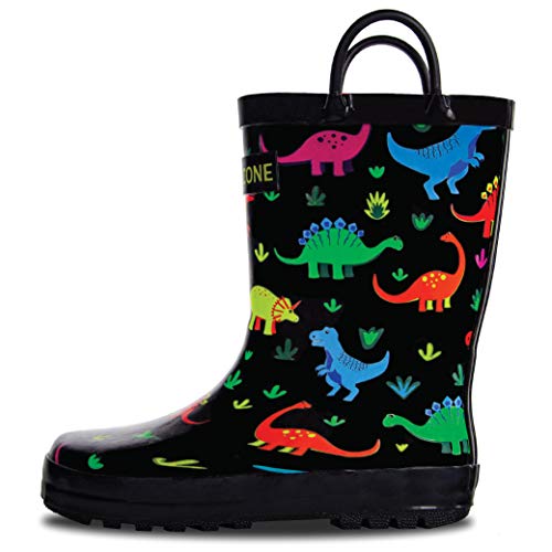 LONECONE Rain Boots with Easy-On Handles in Fun Patterns for Boys and Girls, Play-Proof Flexible Rubber, Durable Non-Slip Treads, Kid-Friendly for Hours of Joy - Fossil Friends, 9 Toddler
