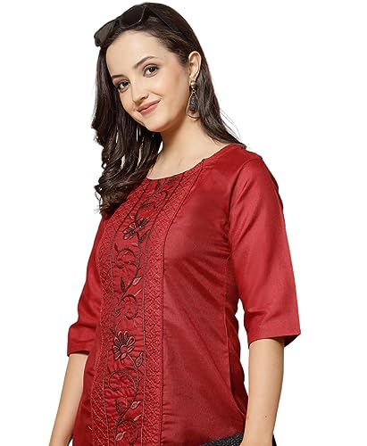Image of Vinchic Women's Round Neck A-Line Cotton Embroidery Green Kurti (EmbBottle-91011-P)