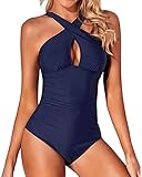 Tempt Me Women One Piece Swimsuits Front Cross Keyhole Tummy Control Backless Bathing Suit Navy Blue Medium