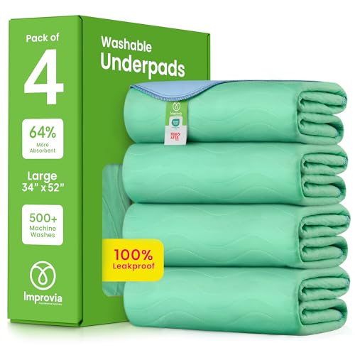 Image of IMPROVIA Washable Underpads, 34 inch x 52 inch (Pack of 4) - Heavy Absorbency Reusable Incontinence Pads for Kids, Adults, Elderly, and Pets - Waterproof Protective Pad for Bed, Couch, Sofa, Furniture, Floor